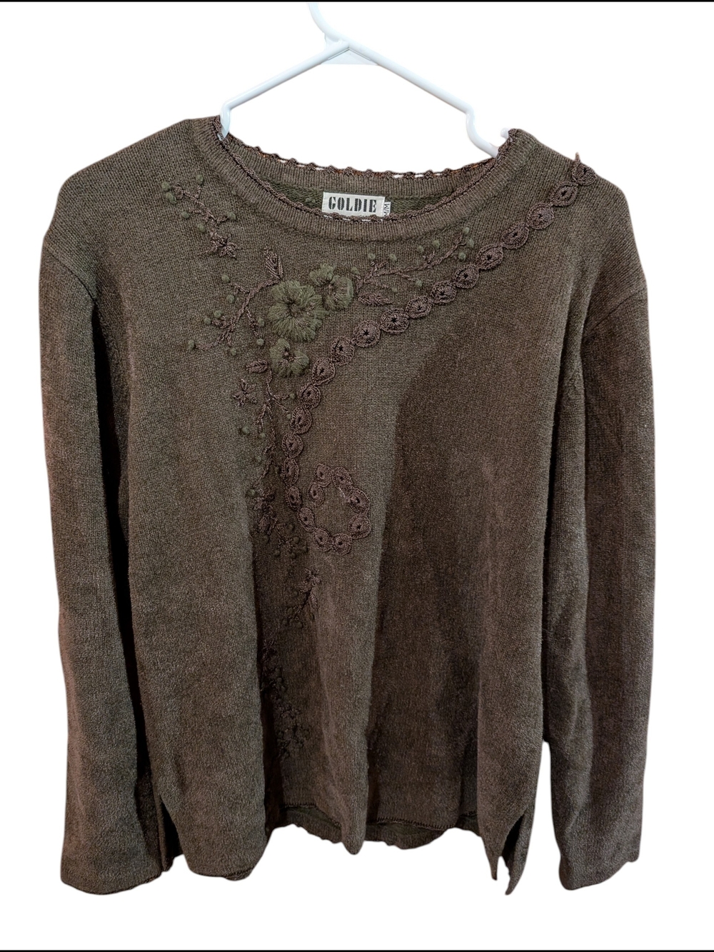 Goldie Olive Brown Embroidered Crewneck Sweater